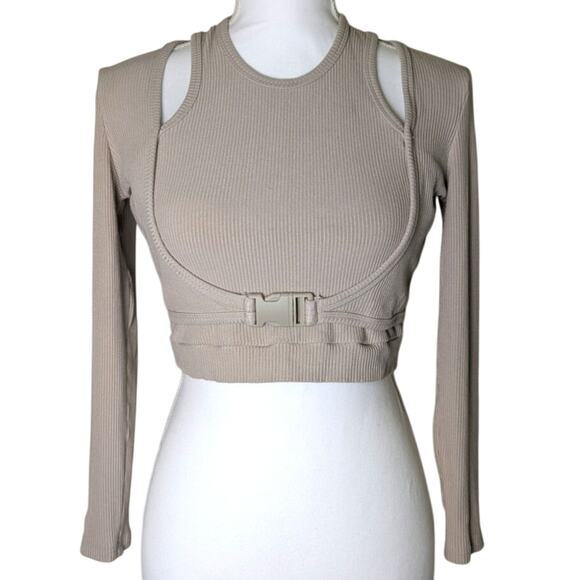 Cider Ribbed Buckle Long Sleeve Beige Crop Top Women Size M Avant Garde - Picture 1 of 11